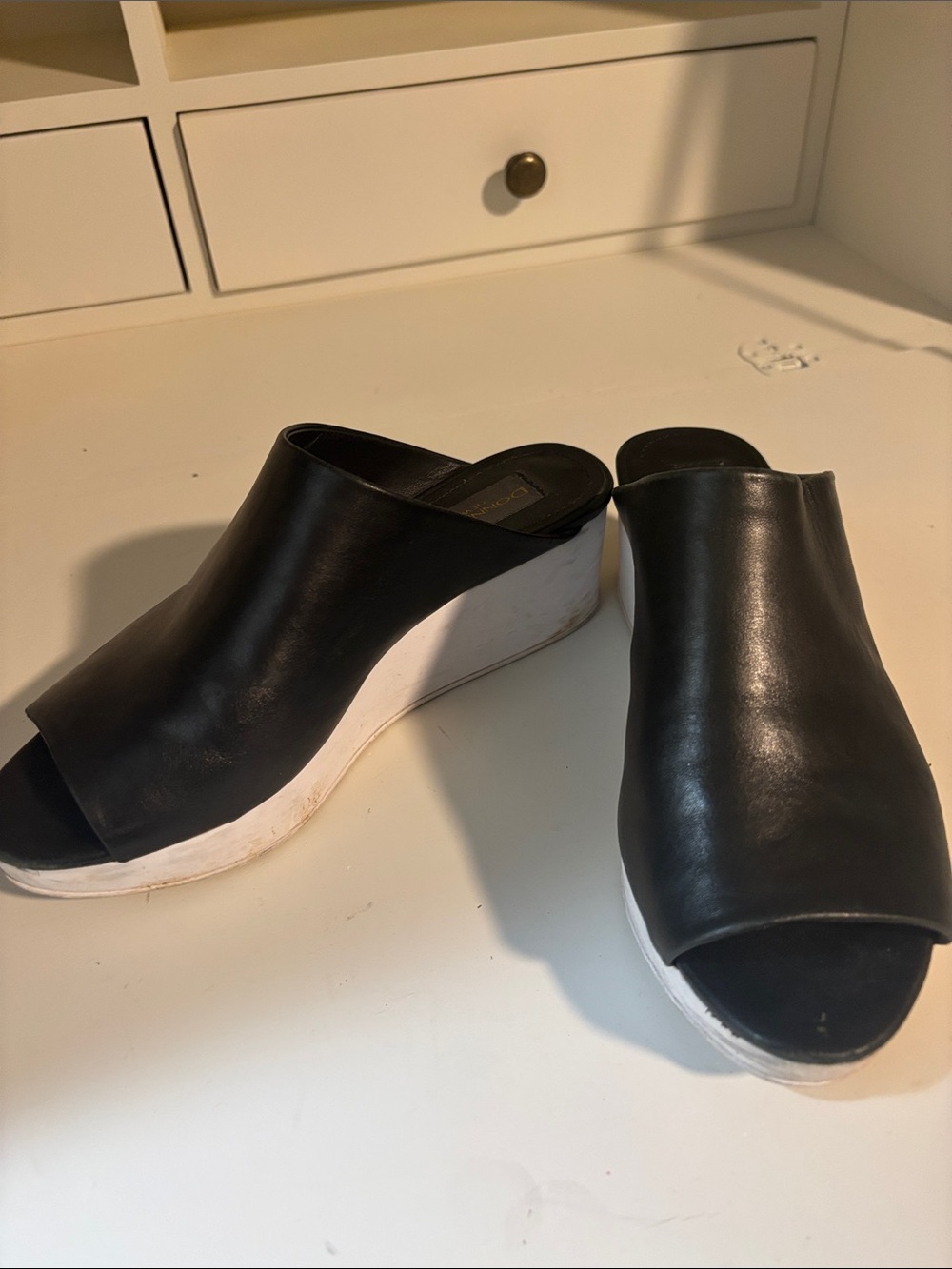 Donna Karan Black Leather Open-Toe Wedge Mules - Women's Sz 6